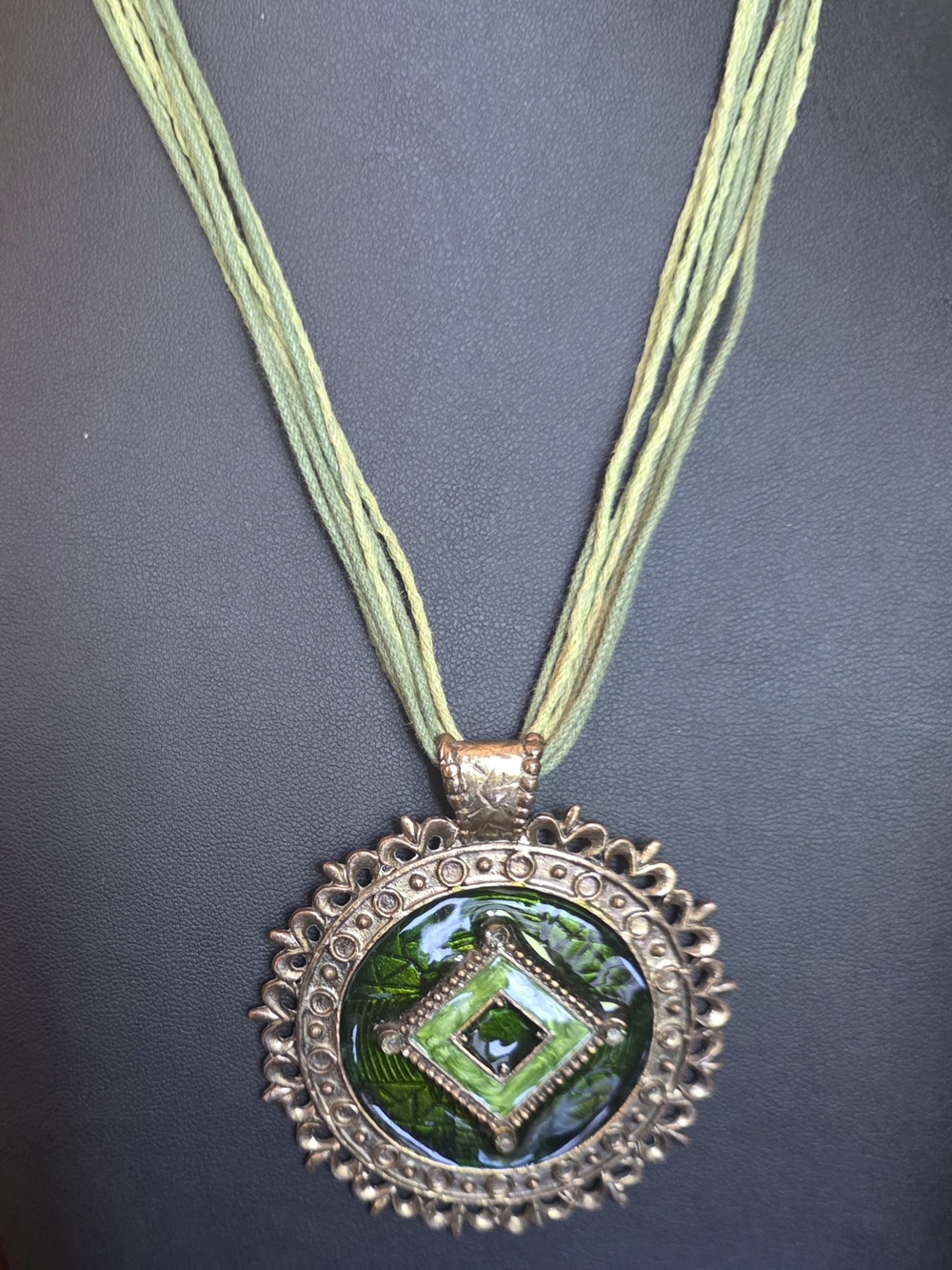 Green Glass Pendant Necklace with Ornate Metal Frame - Picture 1 of 10